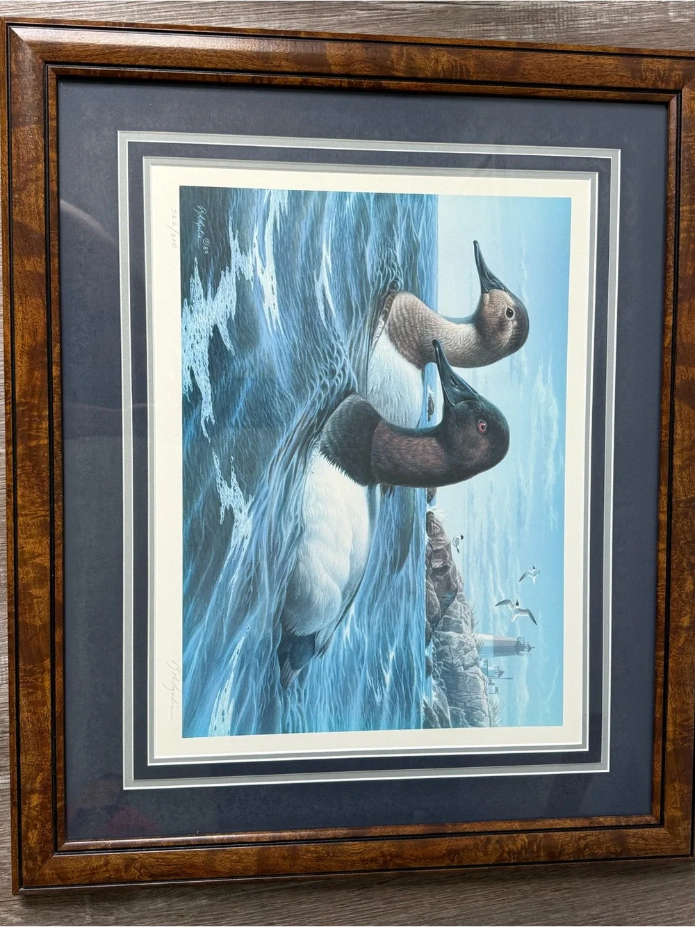 Rob Leslie 1989 Vintage Print Framed Ducks In Ocean Seagulls Numbered And Hand